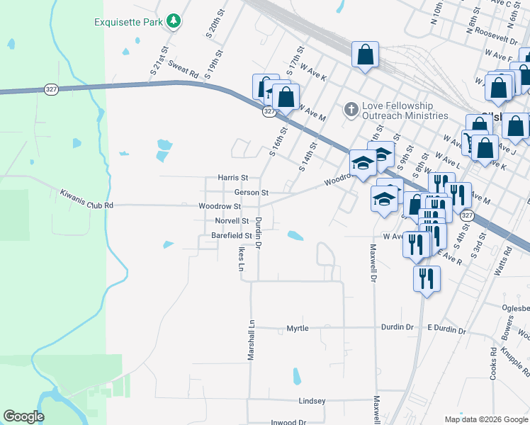 map of restaurants, bars, coffee shops, grocery stores, and more near 1115 Durdin Drive in Silsbee