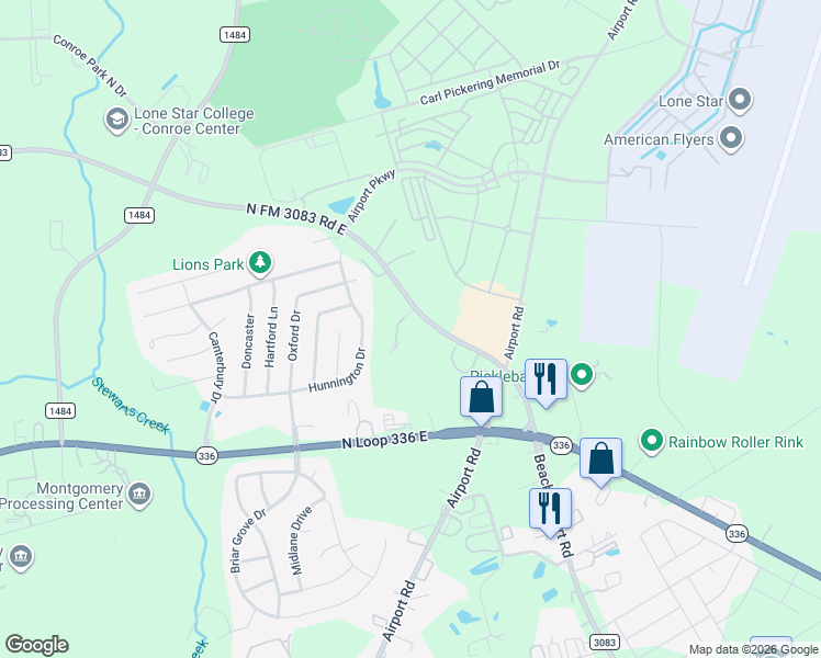 map of restaurants, bars, coffee shops, grocery stores, and more near 1306 Farm to Market Road 3083 in Conroe