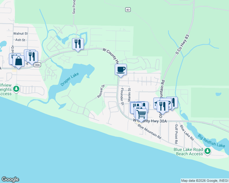 map of restaurants, bars, coffee shops, grocery stores, and more near 58 Redfish Circle in Santa Rosa Beach