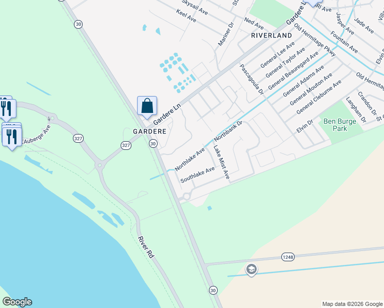 map of restaurants, bars, coffee shops, grocery stores, and more near 3356 Northlake Avenue in Baton Rouge