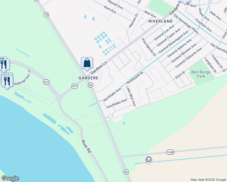 map of restaurants, bars, coffee shops, grocery stores, and more near 3356 Northlake Avenue in Baton Rouge