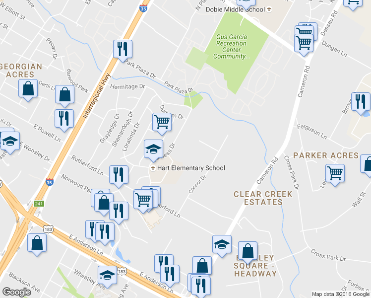 map of restaurants, bars, coffee shops, grocery stores, and more near 1201 Shelton Road in Austin