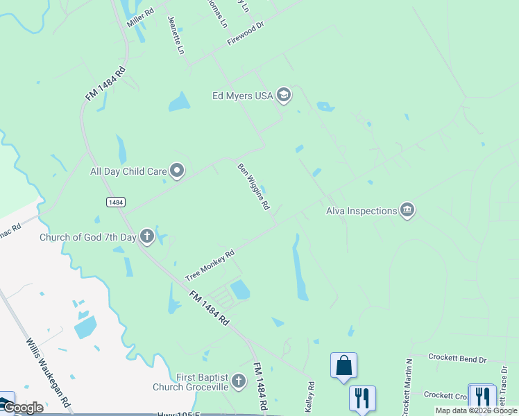 map of restaurants, bars, coffee shops, grocery stores, and more near 15660-15798 Ben Wiggins Road in Conroe