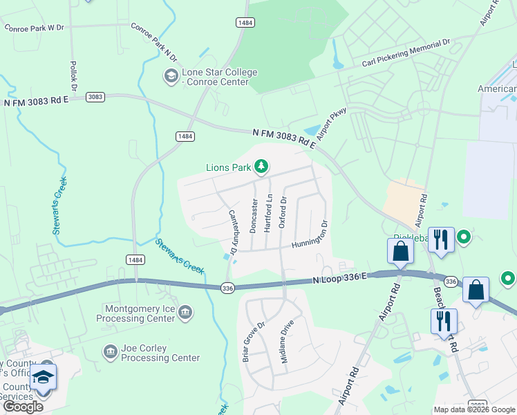 map of restaurants, bars, coffee shops, grocery stores, and more near 226 Doncaster in Conroe
