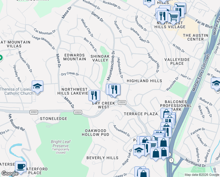 map of restaurants, bars, coffee shops, grocery stores, and more near 3805 Paseo Del Toro in Austin