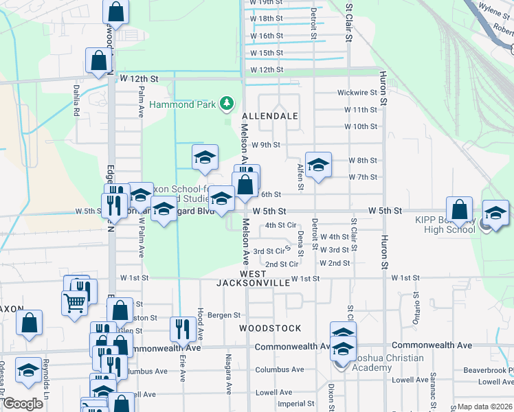 map of restaurants, bars, coffee shops, grocery stores, and more near 3126 West 5th Street in Jacksonville