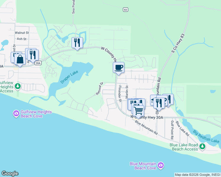 map of restaurants, bars, coffee shops, grocery stores, and more near 211 Redfish Circle in Santa Rosa Beach