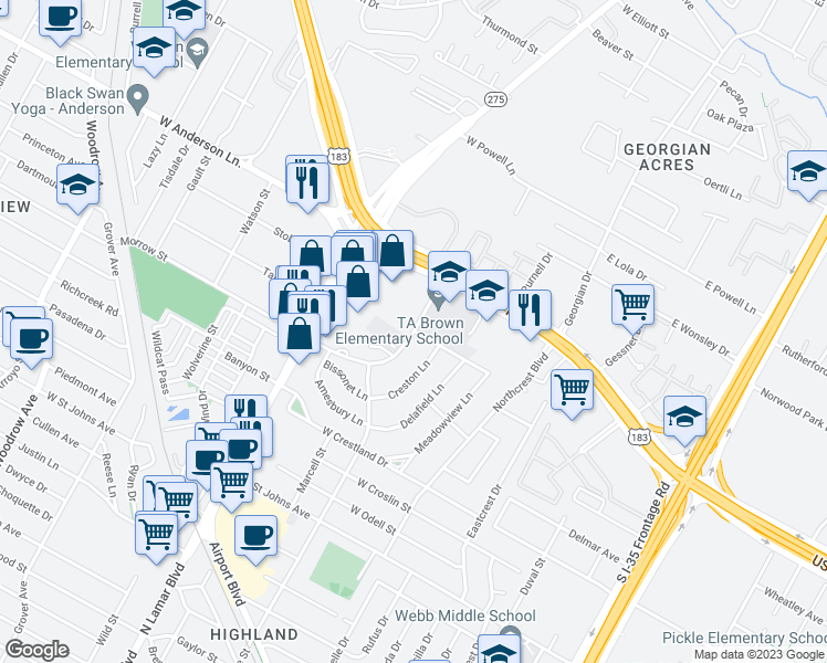 map of restaurants, bars, coffee shops, grocery stores, and more near Guadalupe St & Northway Dr in Austin