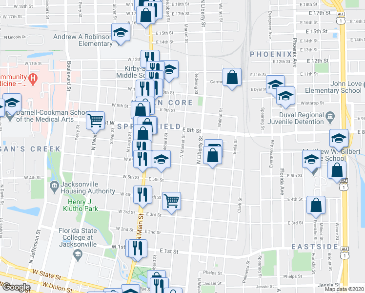 map of restaurants, bars, coffee shops, grocery stores, and more near N Market St & E 7th St in Jacksonville