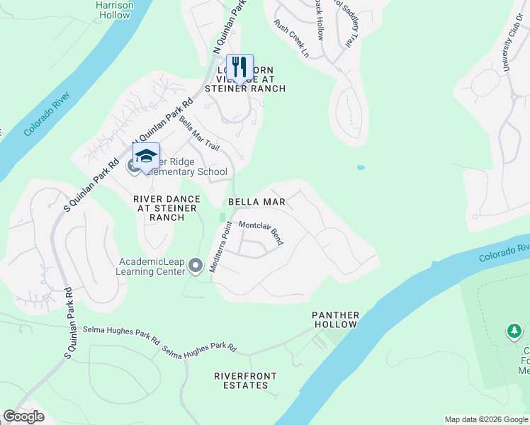map of restaurants, bars, coffee shops, grocery stores, and more near 12225 Palisades Parkway in Austin