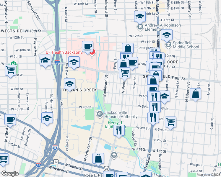 map of restaurants, bars, coffee shops, grocery stores, and more near 340 West 6th Street in Jacksonville