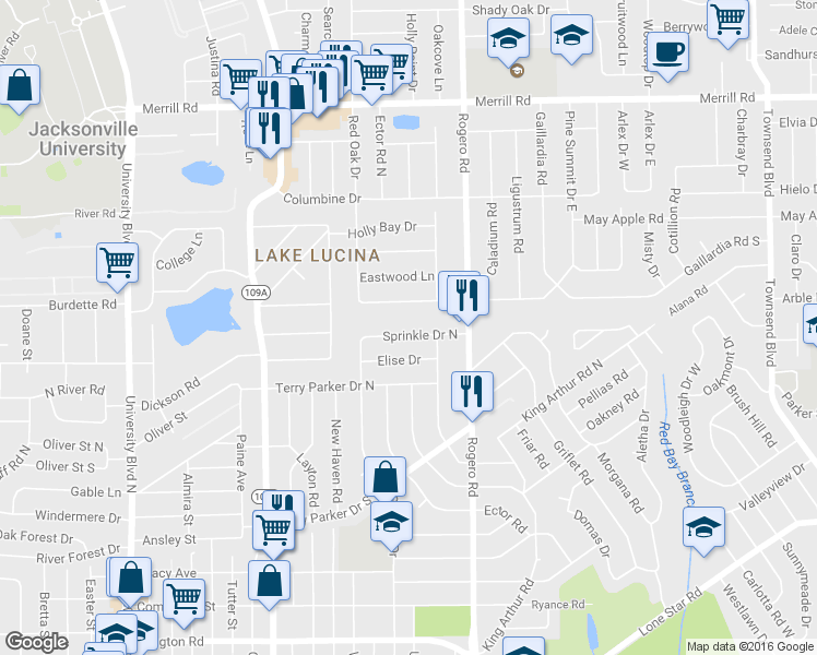 map of restaurants, bars, coffee shops, grocery stores, and more near 6327 Elise Drive in Jacksonville