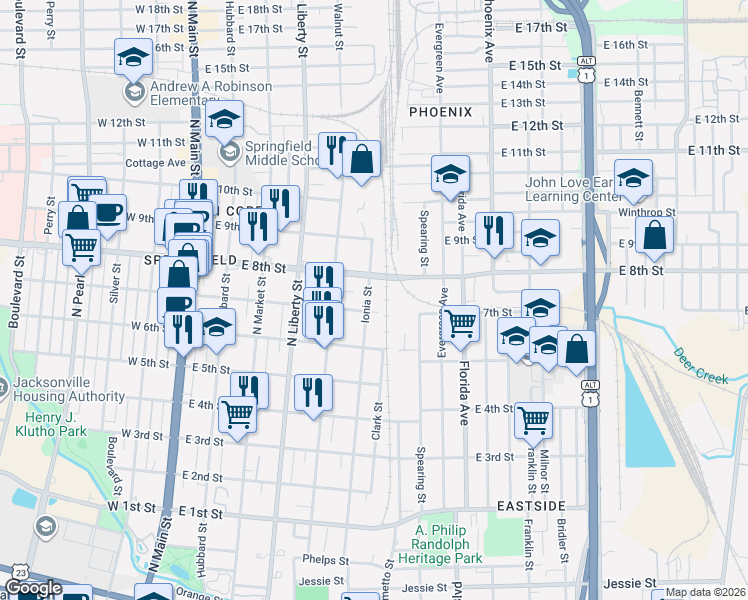 map of restaurants, bars, coffee shops, grocery stores, and more near 1636 Ionia Street in Jacksonville