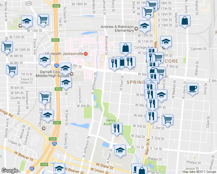map of restaurants, bars, coffee shops, grocery stores, and more near 340 West 6th Street in Jacksonville