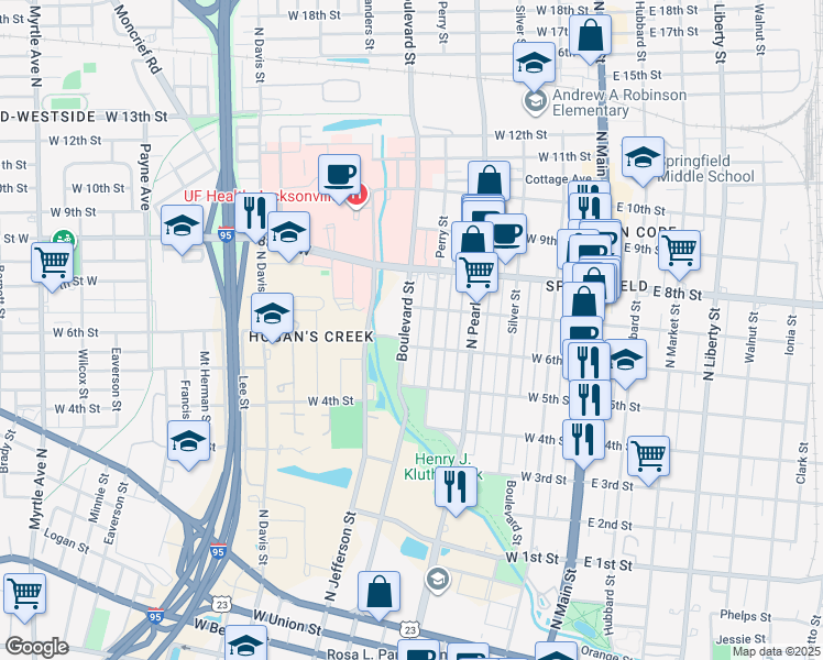 map of restaurants, bars, coffee shops, grocery stores, and more near 1551 Boulevard Street in Jacksonville