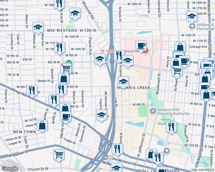map of restaurants, bars, coffee shops, grocery stores, and more near 1521 Mount Herman Street in Jacksonville