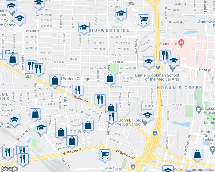 map of restaurants, bars, coffee shops, grocery stores, and more near 1331 West 5th Street in Jacksonville