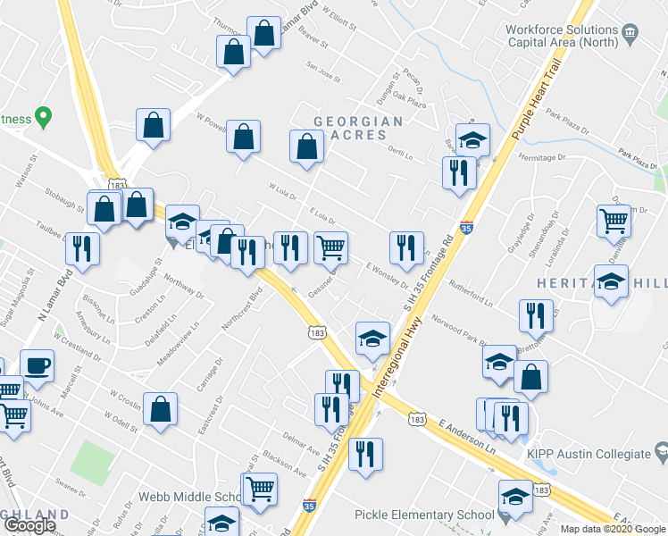 map of restaurants, bars, coffee shops, grocery stores, and more near 8001 Gessner Drive in Austin
