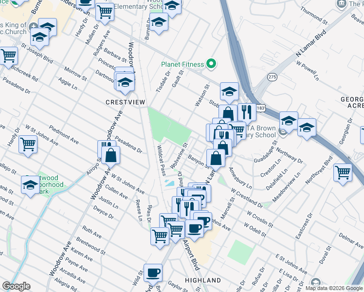 map of restaurants, bars, coffee shops, grocery stores, and more near 7425 Wolverine Street in Austin