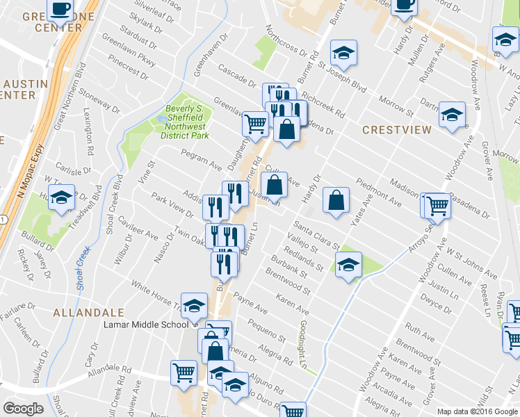 map of restaurants, bars, coffee shops, grocery stores, and more near 6710 Burnet Lane in Austin