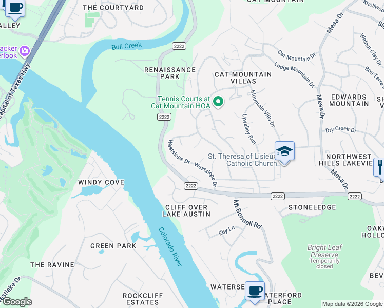 map of restaurants, bars, coffee shops, grocery stores, and more near 5801 Lakeview Circle in Austin