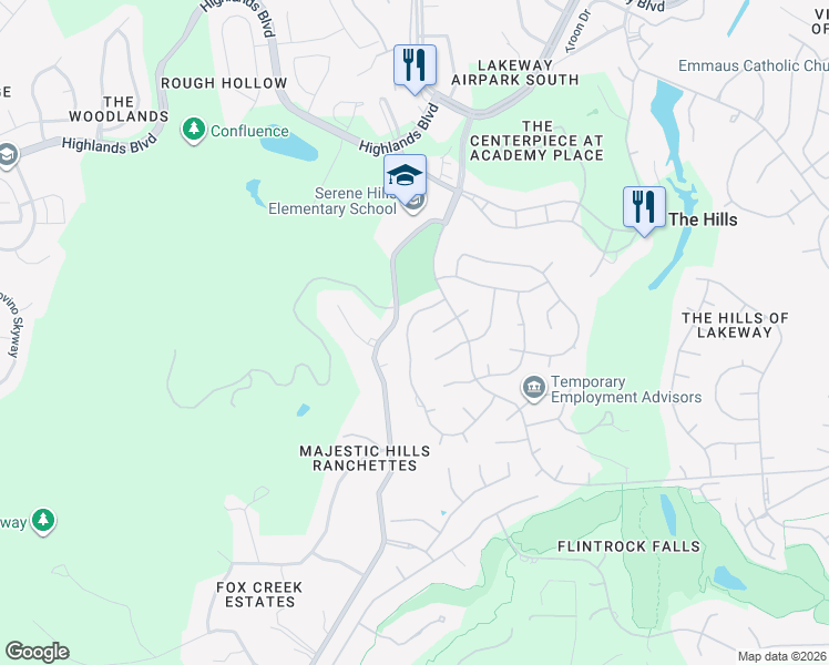 map of restaurants, bars, coffee shops, grocery stores, and more near 20 Autumn Oaks Drive in The Hills