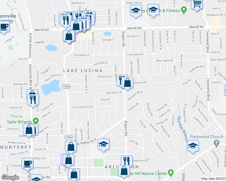 map of restaurants, bars, coffee shops, grocery stores, and more near 6331 Sprinkle Drive North in Jacksonville