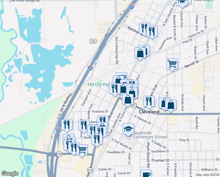 map of restaurants, bars, coffee shops, grocery stores, and more near 306 West Houston Street in Cleveland