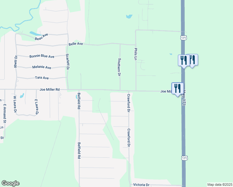 map of restaurants, bars, coffee shops, grocery stores, and more near 401-599 Frankie Lane in Lake Charles
