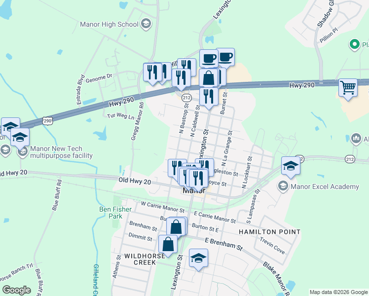 map of restaurants, bars, coffee shops, grocery stores, and more near 205 West Browning Street in Manor