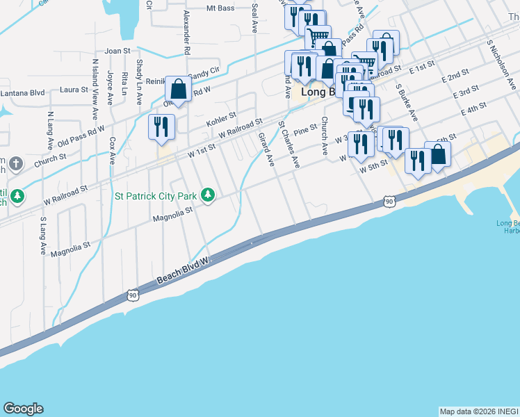 map of restaurants, bars, coffee shops, grocery stores, and more near 425 Magnolia Street in Long Beach
