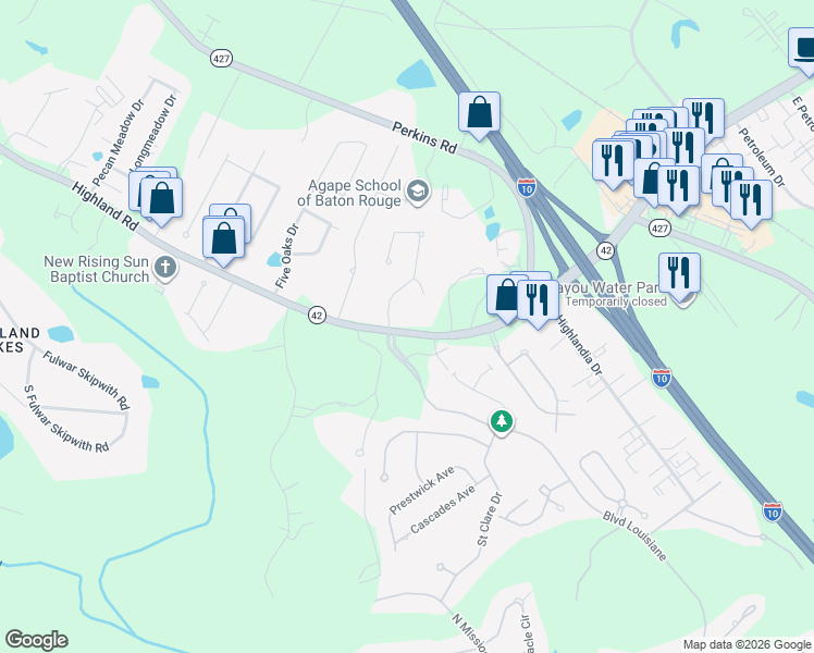 map of restaurants, bars, coffee shops, grocery stores, and more near 17812 Crossing View Court in Baton Rouge