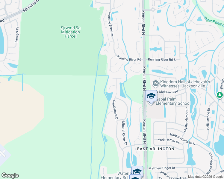 map of restaurants, bars, coffee shops, grocery stores, and more near 12200 Bittercreek Lane in Jacksonville