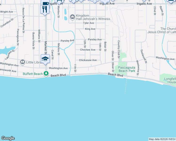 map of restaurants, bars, coffee shops, grocery stores, and more near 2307 Washington Ave in Pascagoula