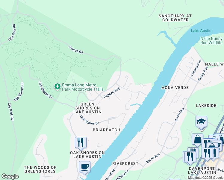map of restaurants, bars, coffee shops, grocery stores, and more near 3816 Pappys Way in Austin