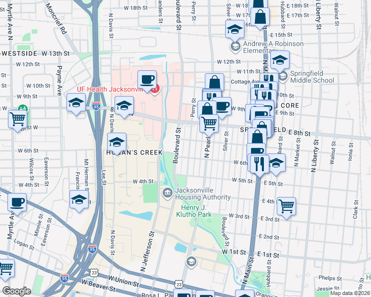 map of restaurants, bars, coffee shops, grocery stores, and more near 347 West 7th Street in Jacksonville