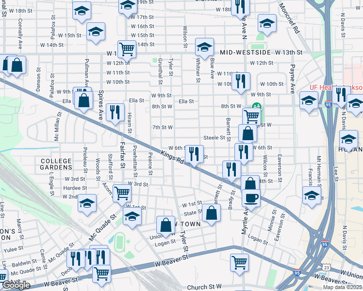 map of restaurants, bars, coffee shops, grocery stores, and more near 1555 Steele Street in Jacksonville