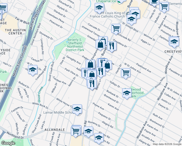 map of restaurants, bars, coffee shops, grocery stores, and more near 6824 Burnet Road in Austin