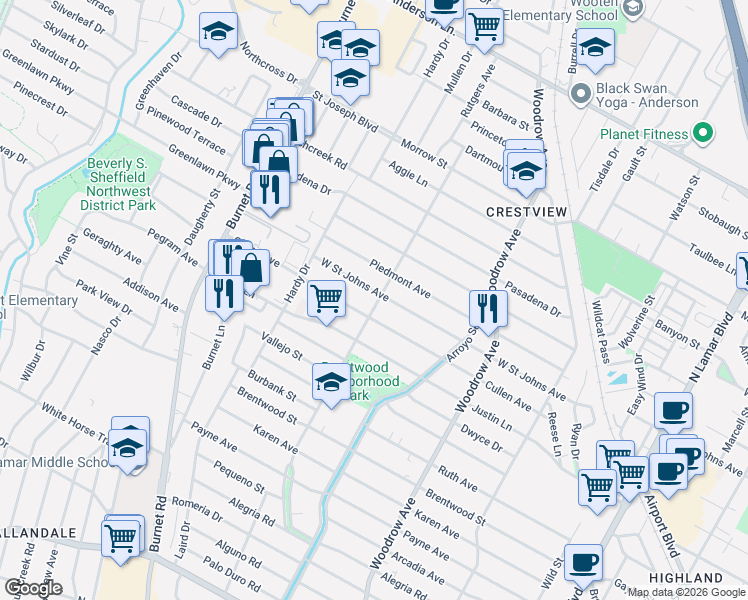 map of restaurants, bars, coffee shops, grocery stores, and more near 1812 West Saint Johns Avenue in Austin