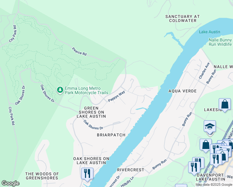 map of restaurants, bars, coffee shops, grocery stores, and more near 3816 Pappys Way in Austin