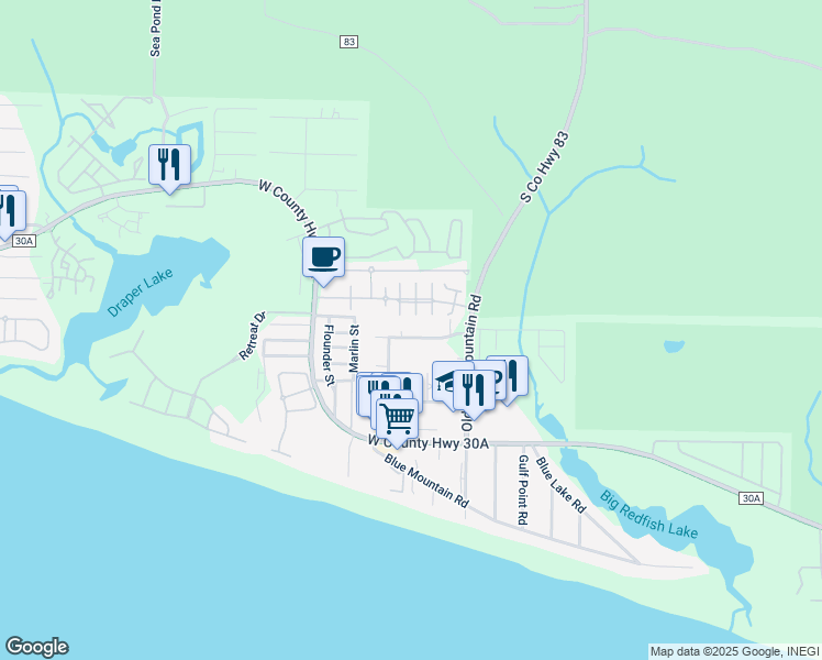 map of restaurants, bars, coffee shops, grocery stores, and more near 140 Sky High Dune Drive in Santa Rosa Beach