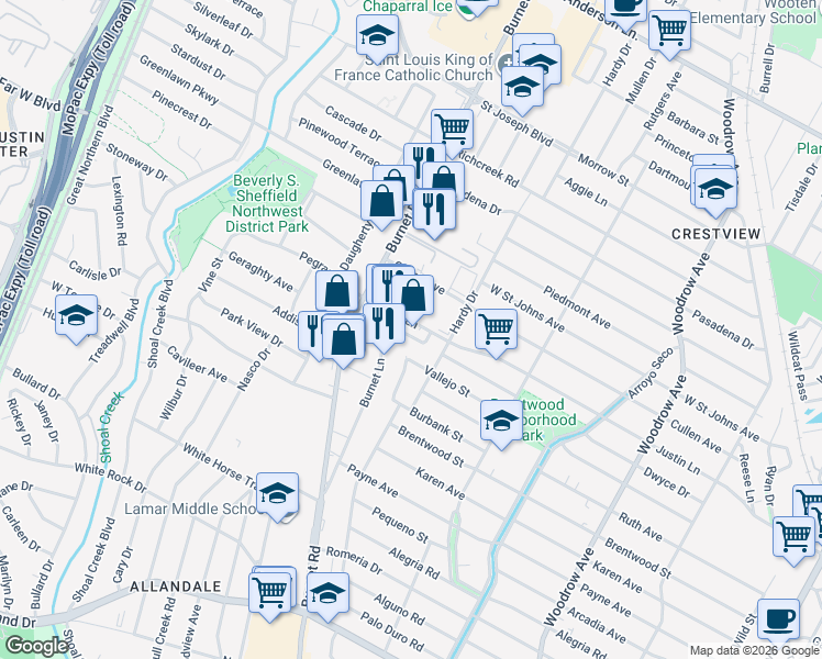 map of restaurants, bars, coffee shops, grocery stores, and more near 1407 Justin Lane in Austin