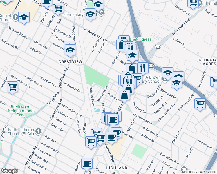 map of restaurants, bars, coffee shops, grocery stores, and more near 7701 Wolverine Street in Austin