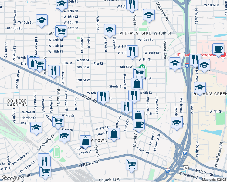 map of restaurants, bars, coffee shops, grocery stores, and more near 1489 Steele Street in Jacksonville