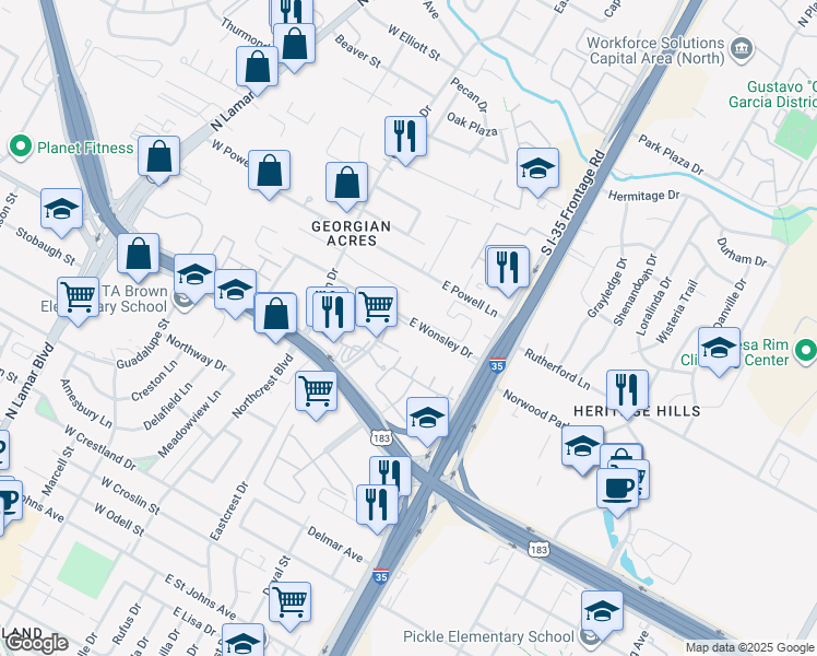 map of restaurants, bars, coffee shops, grocery stores, and more near 312 East Wonsley Drive in Austin