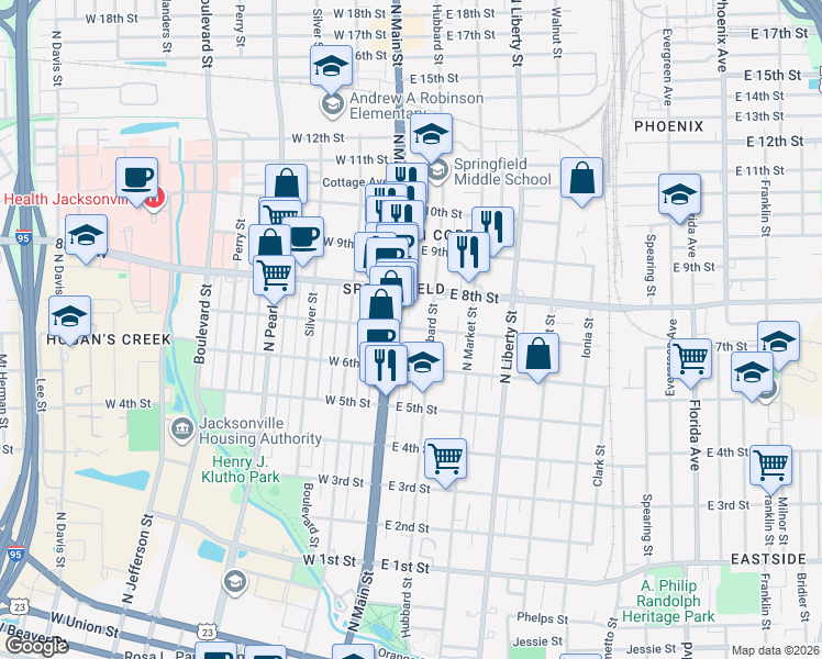 map of restaurants, bars, coffee shops, grocery stores, and more near 50 East 7th Street in Jacksonville