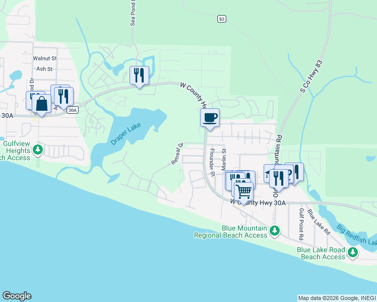 map of restaurants, bars, coffee shops, grocery stores, and more near 76 Snapper Street in Santa Rosa Beach