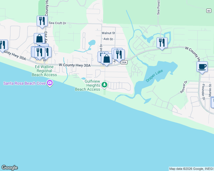 map of restaurants, bars, coffee shops, grocery stores, and more near 73 Old Beach Road in Santa Rosa Beach