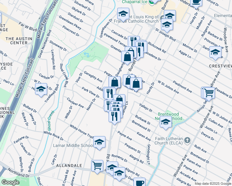 map of restaurants, bars, coffee shops, grocery stores, and more near 6824 Burnet Road in Austin
