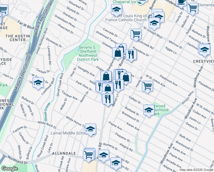 map of restaurants, bars, coffee shops, grocery stores, and more near 6824 Burnet Road in Austin